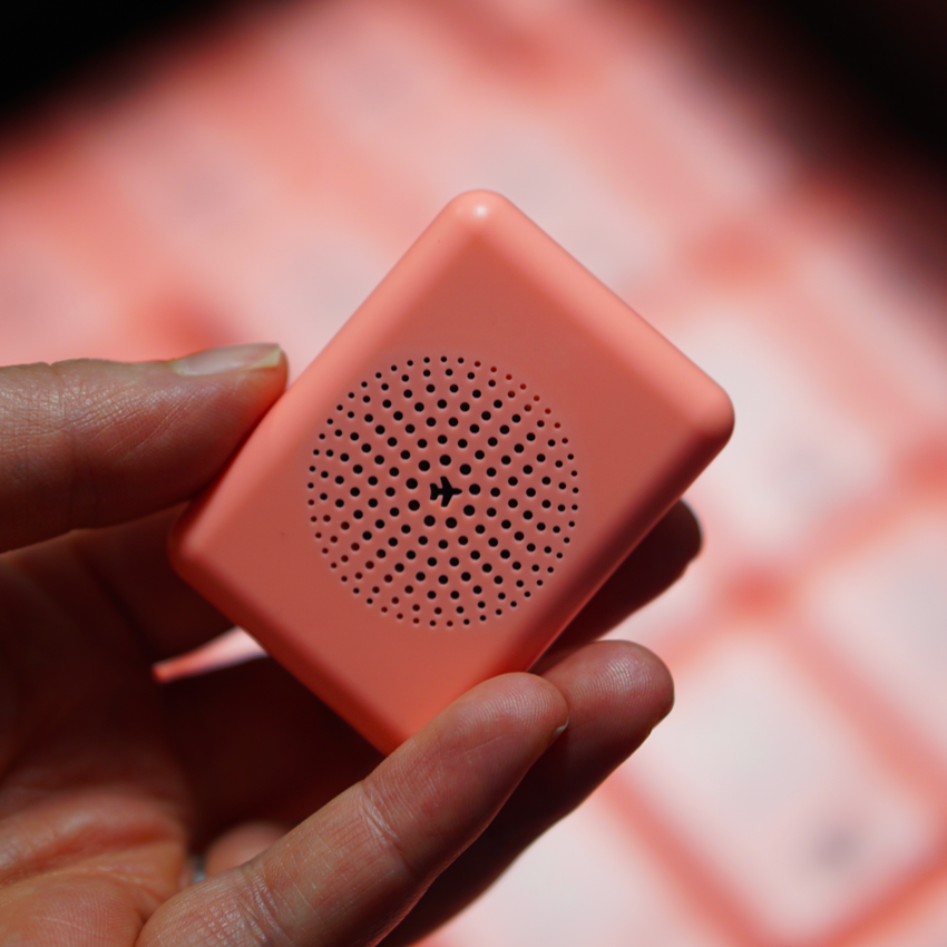 AON2 Aria speaker grille detail, held in a hand.