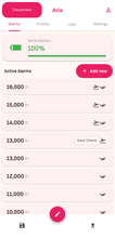 Aria app alarm profile screen showing active altitude alarms.