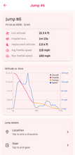 Aria app jump log showing exit altitude, freefall time, deployment altitude and speed graph.