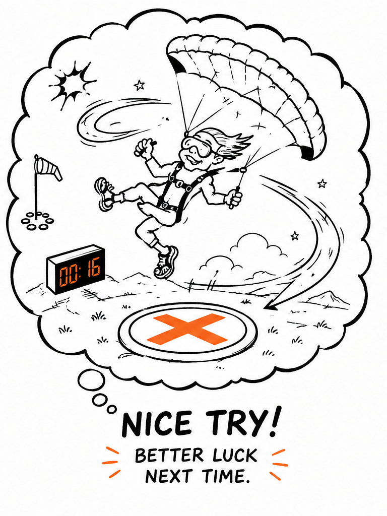 Nice try, better luck next time cartoon skydiving score of 00:16